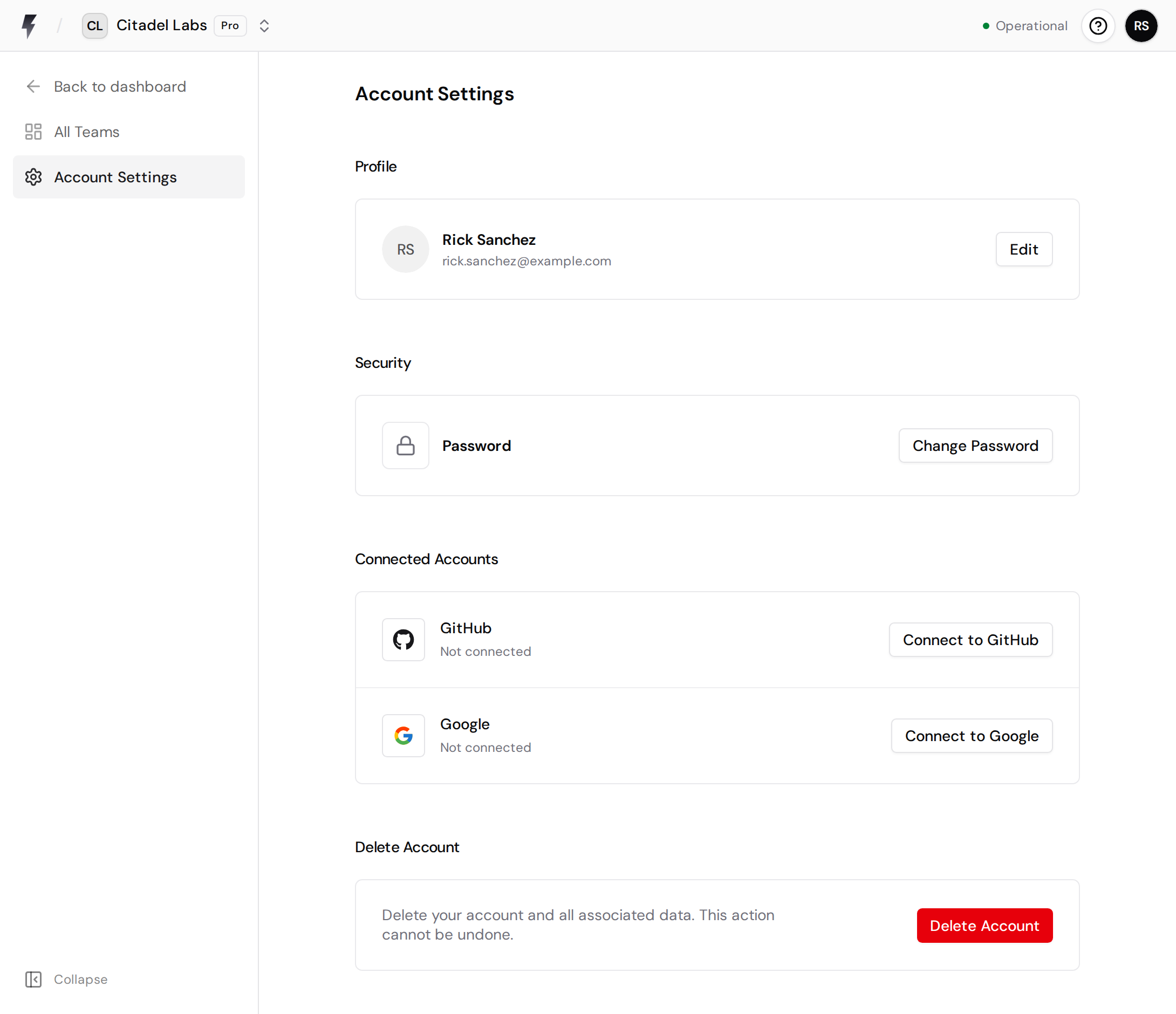 Account Settings page showing Profile, Security, Connected Accounts, and Delete Account sections
