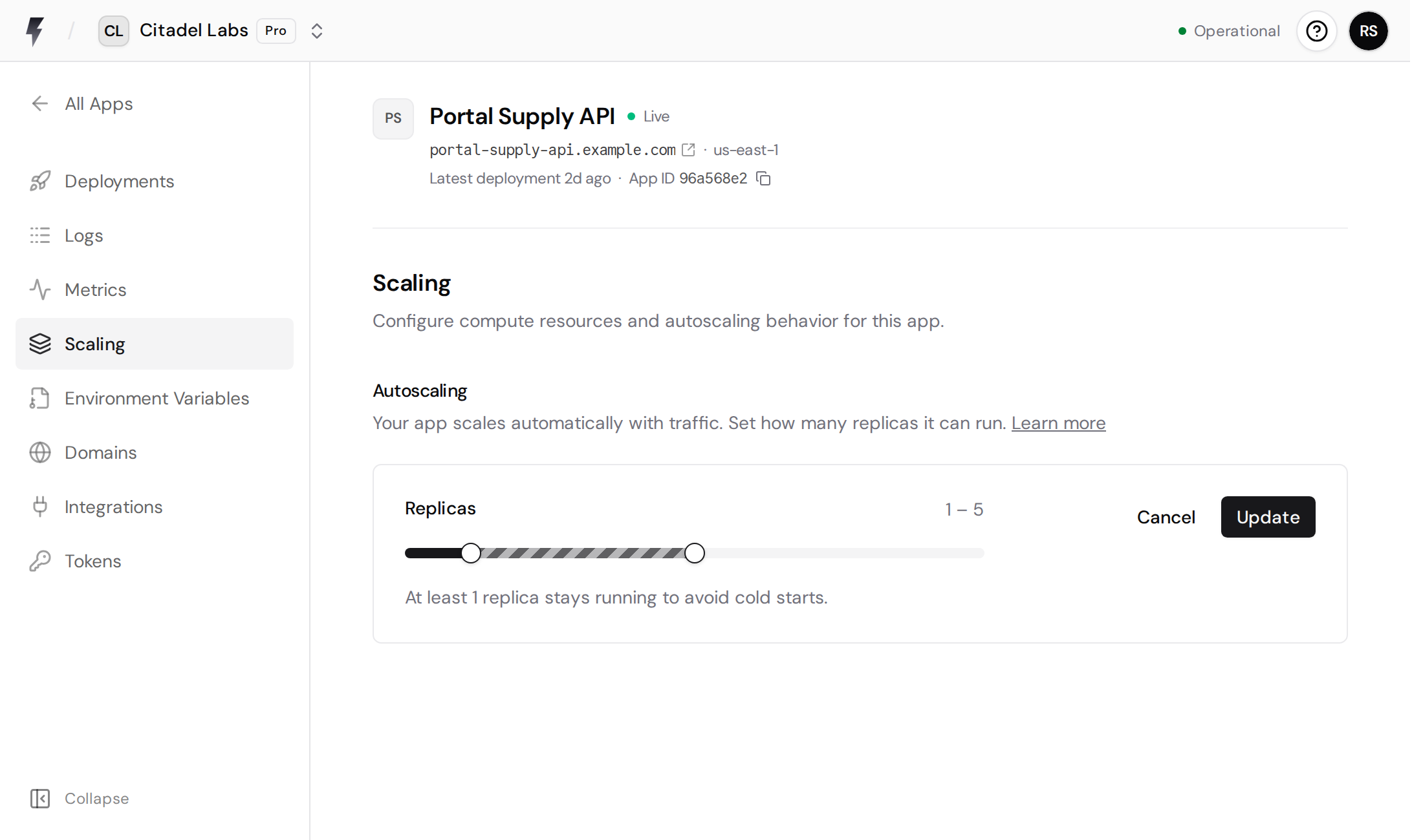 Pro autoscaling settings with minimum and maximum slider handles set to 1 and 5 replicas and an Update button