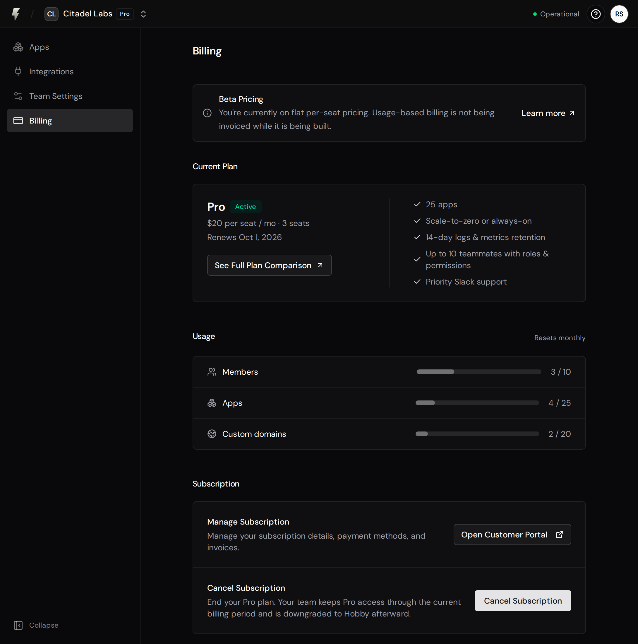 Billing page showing the current Pro plan, resource usage, Open Customer Portal, and Cancel Subscription controls