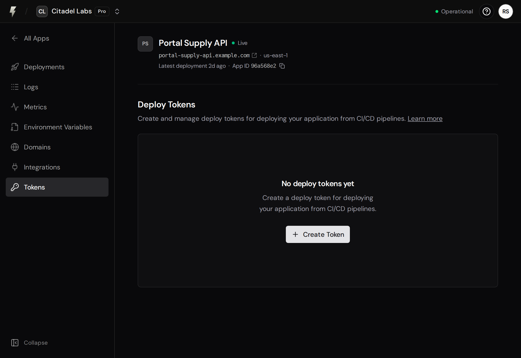 Deploy Tokens page with no tokens yet and the Create Token button