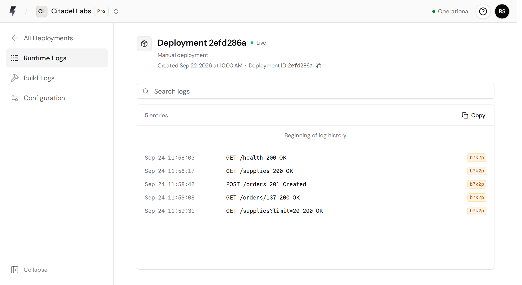 Live deployment detail with Runtime Logs selected and successful HTTP requests