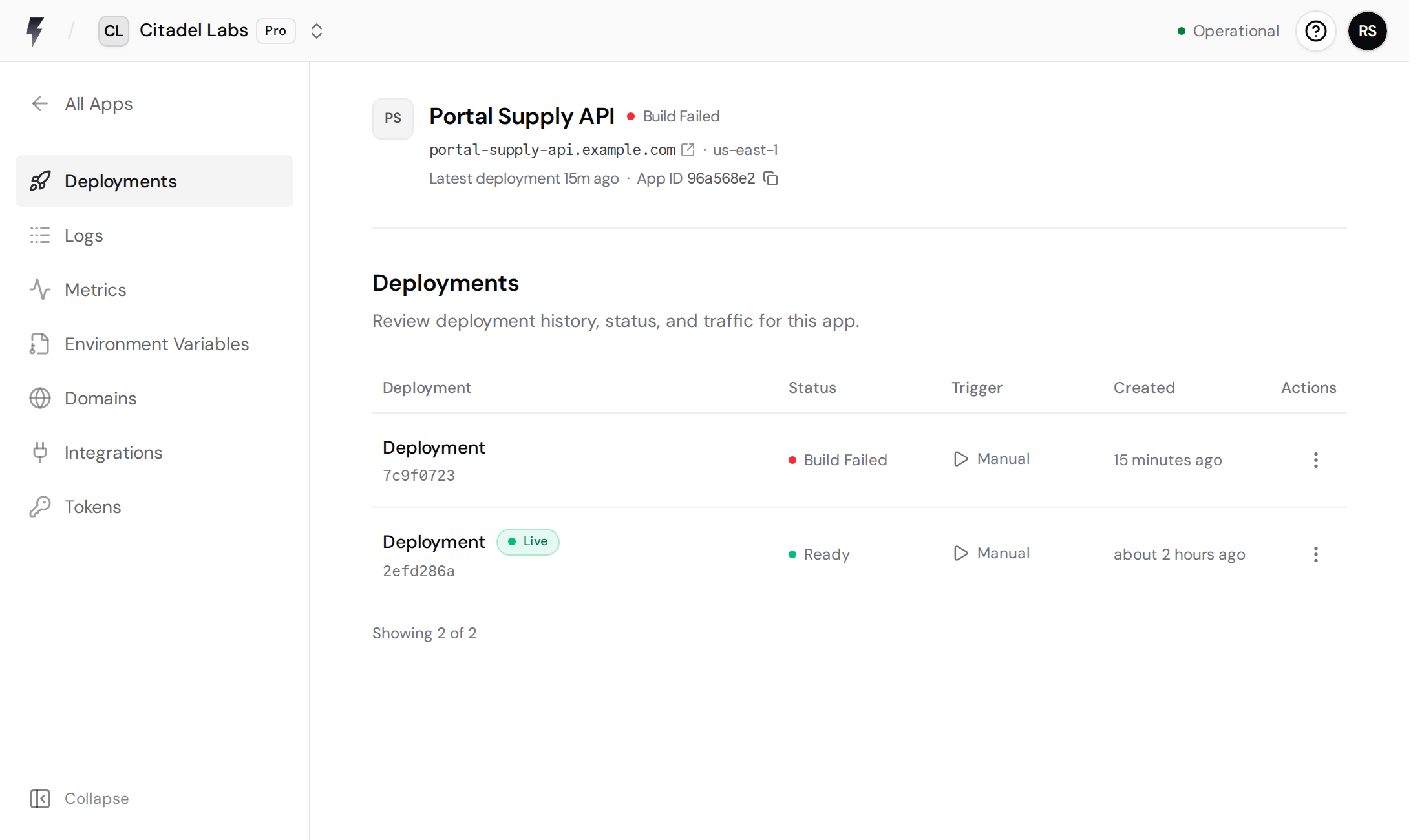 Deployment history showing a failed build and an older ready deployment still serving traffic with the Live badge