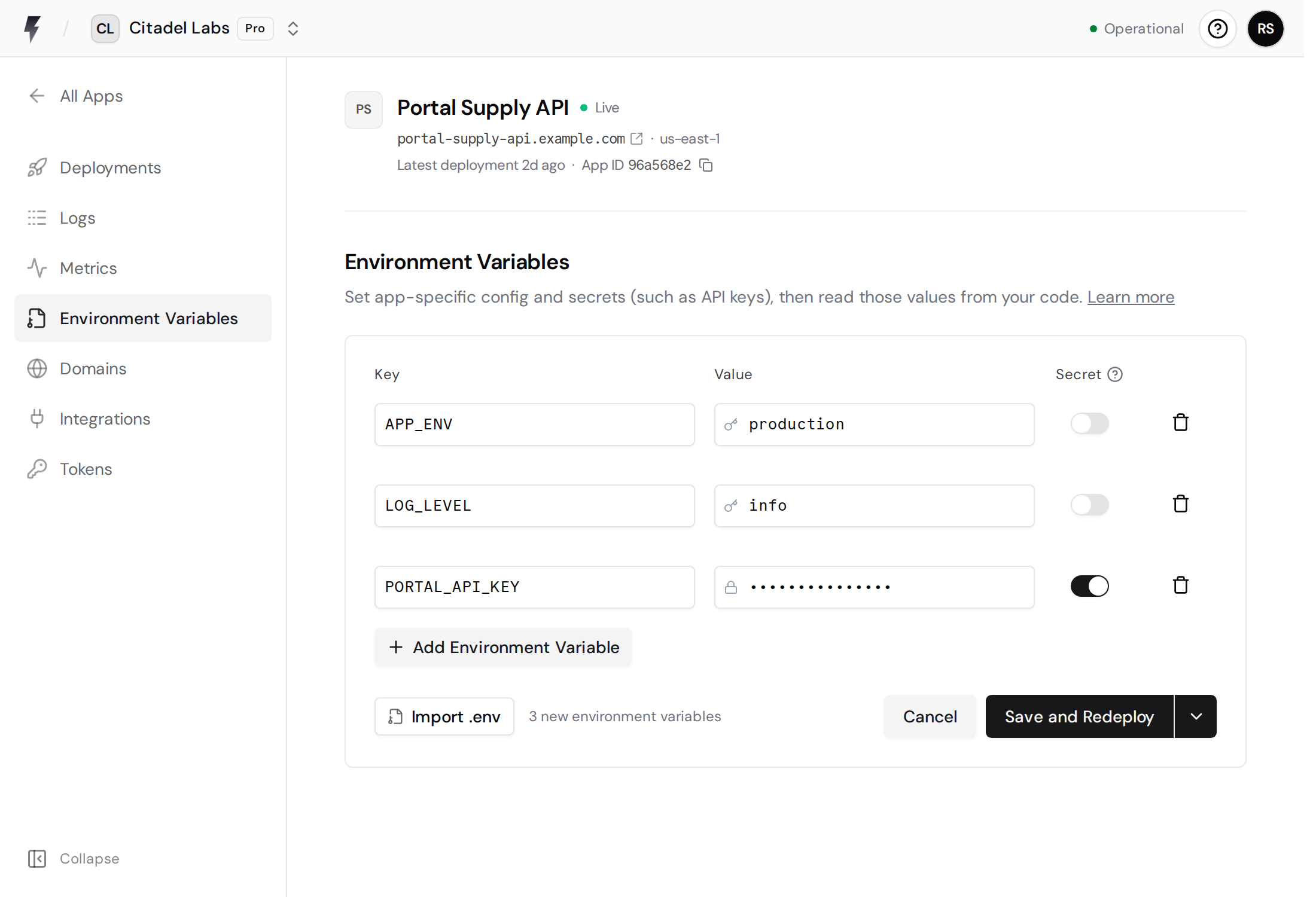 Environment variable form with regular values, a masked secret, and the Save and Redeploy button