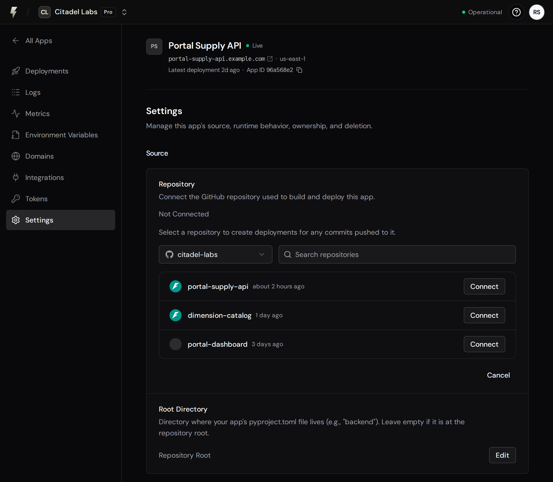 Repository picker in app settings with a Connect button for each repository.