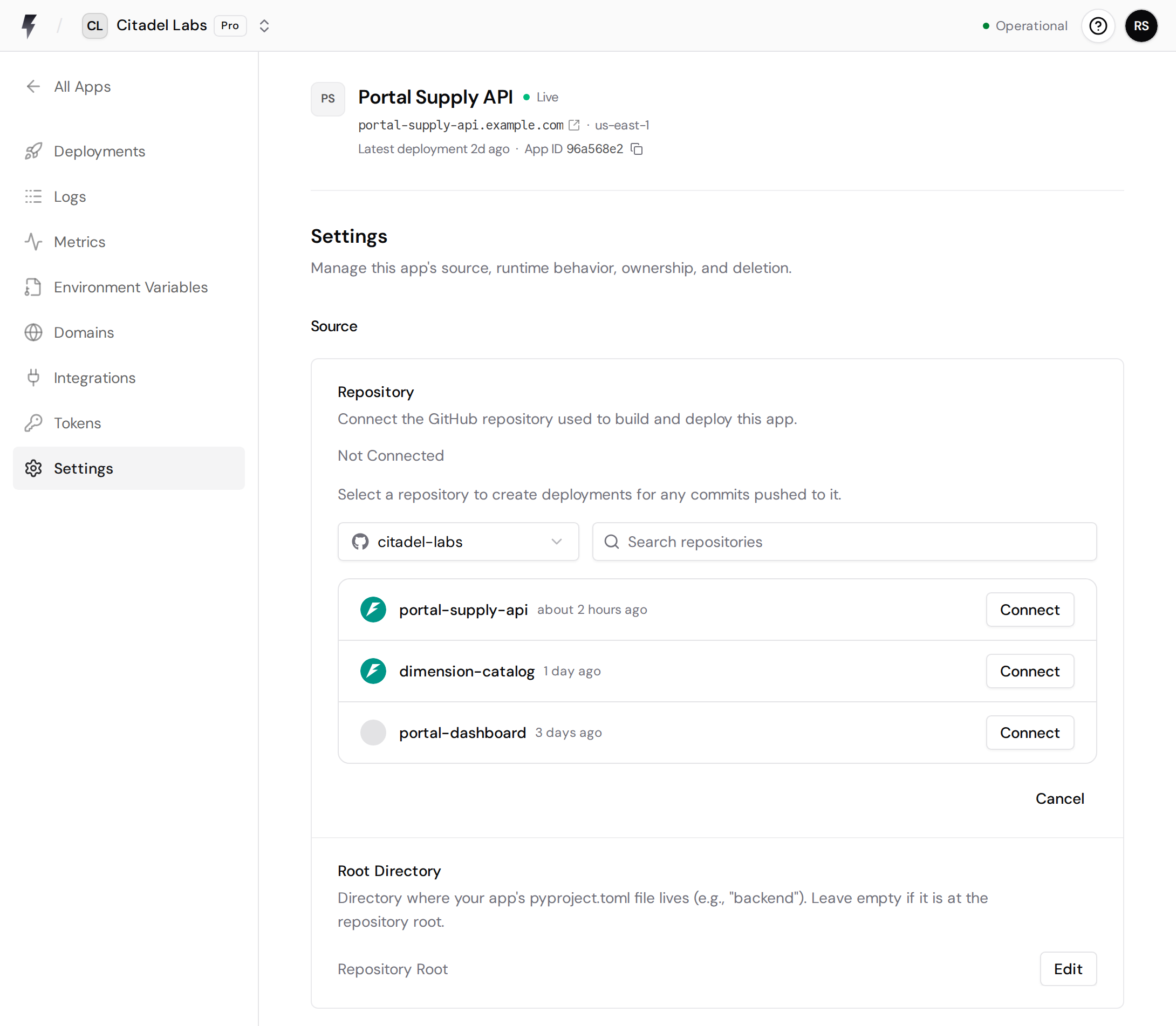 Repository picker in app settings with a Connect button for each repository.