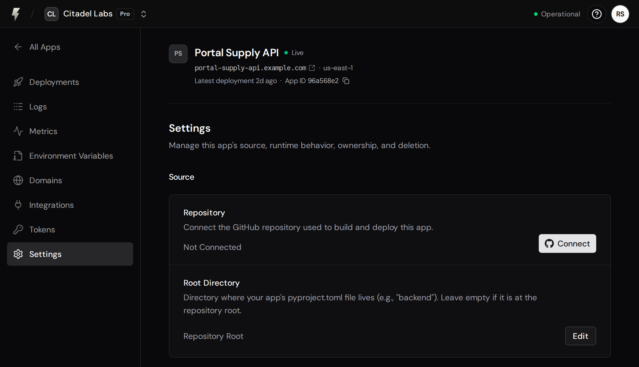 App settings with the Repository section and Connect button.