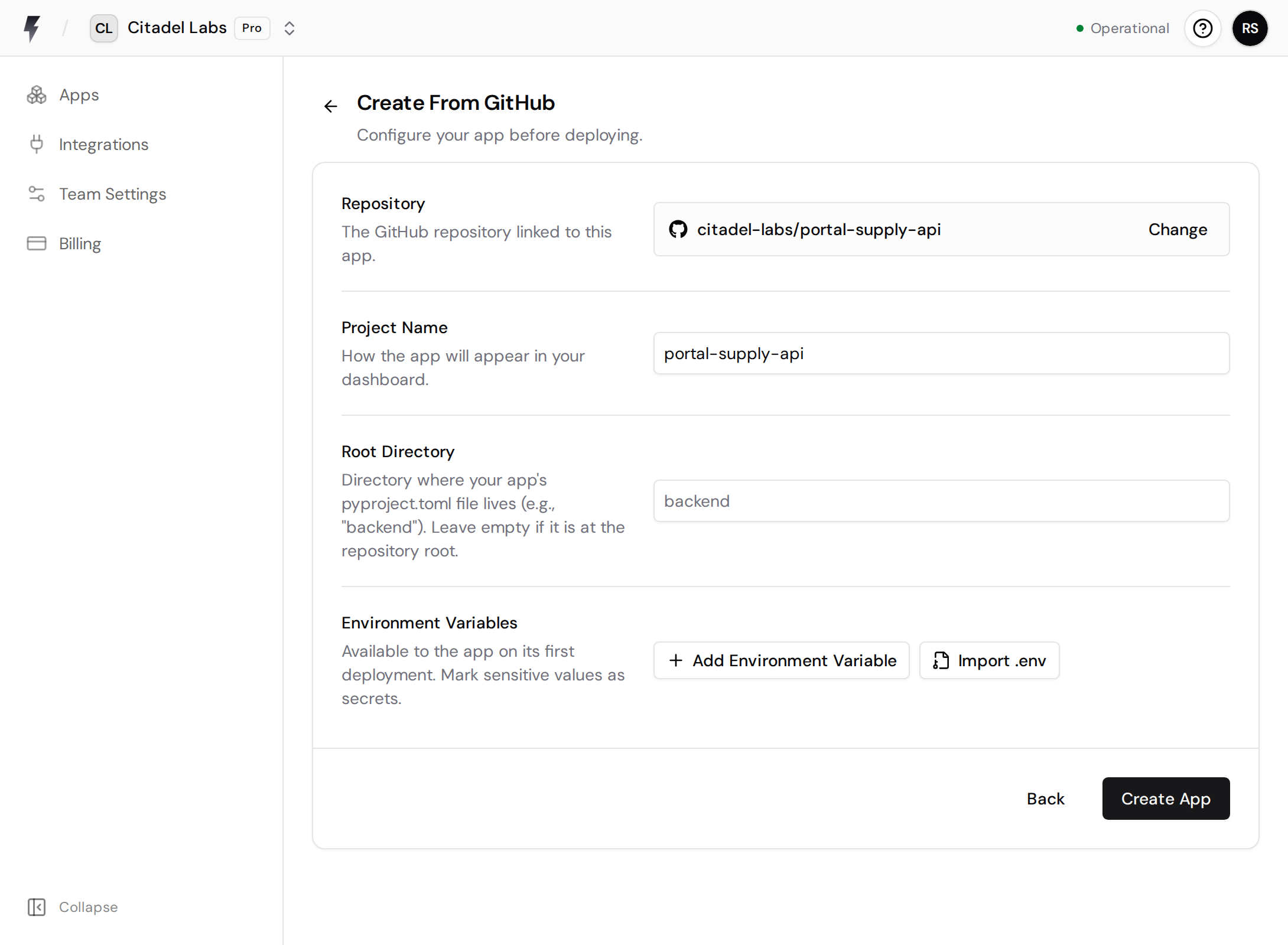 App configuration with the selected GitHub repository, project name, root directory, environment variables, and Create App button.