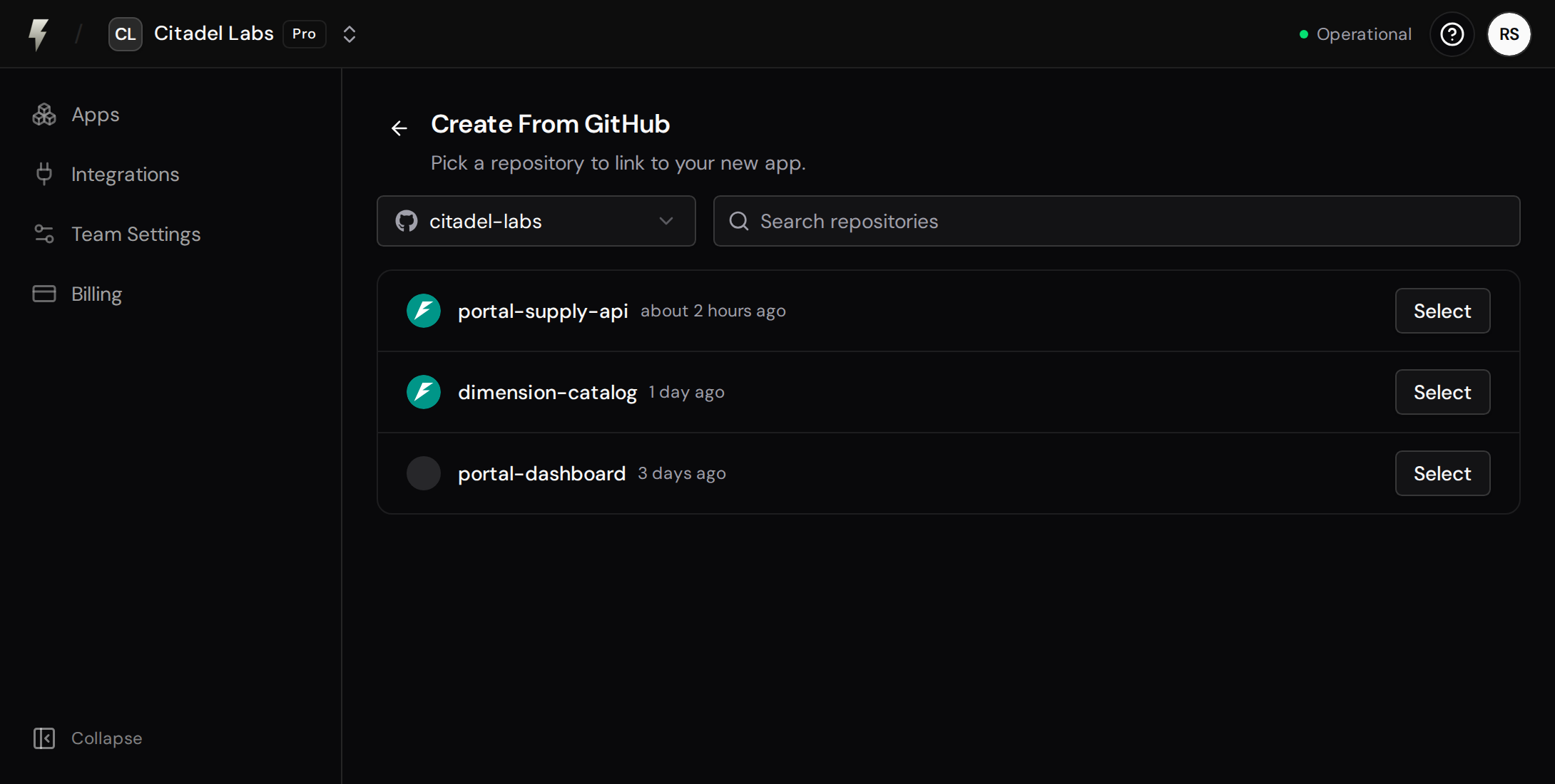 GitHub repository list with a Select button for each repository.