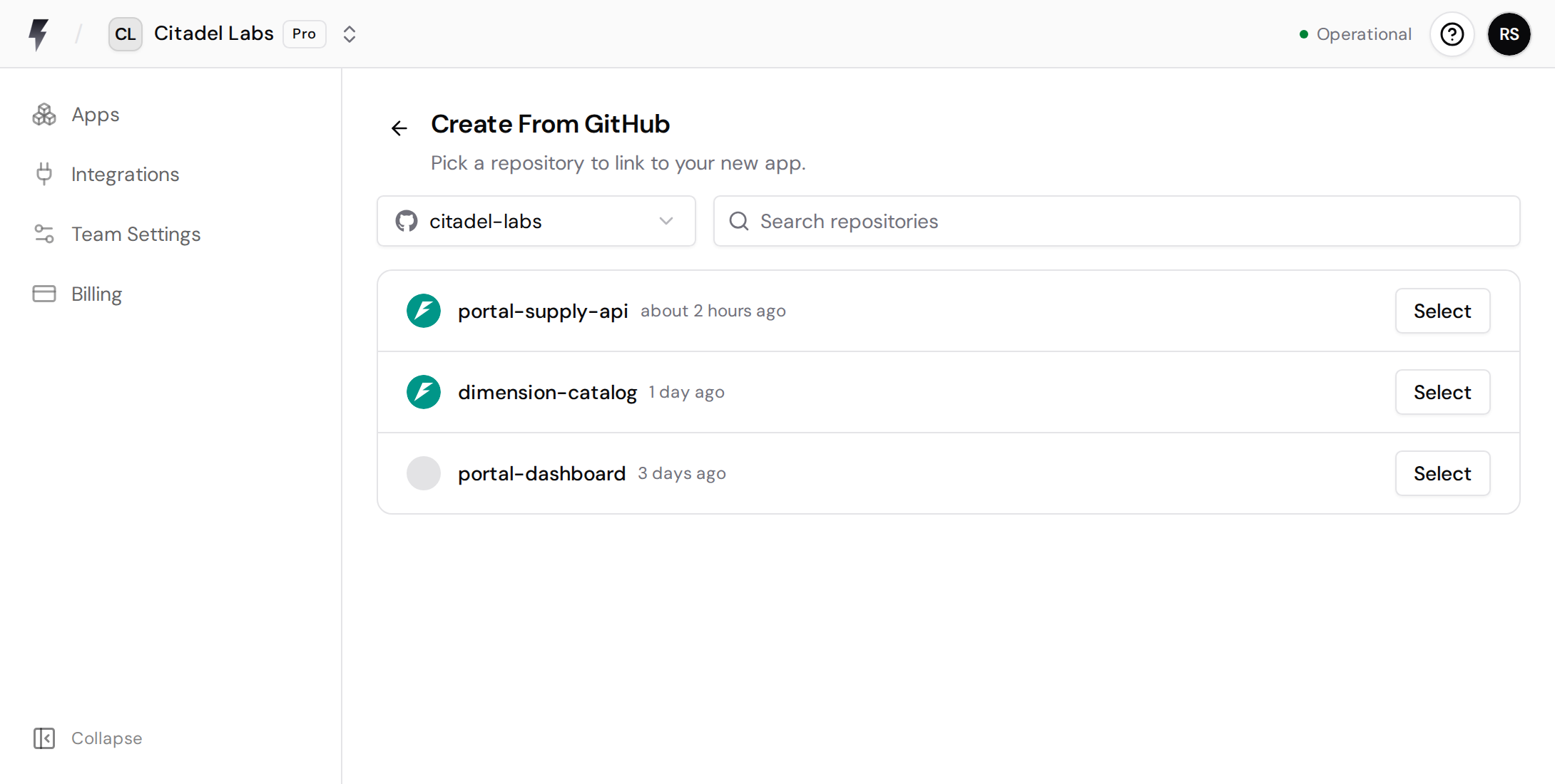 GitHub repository list with a Select button for each repository.