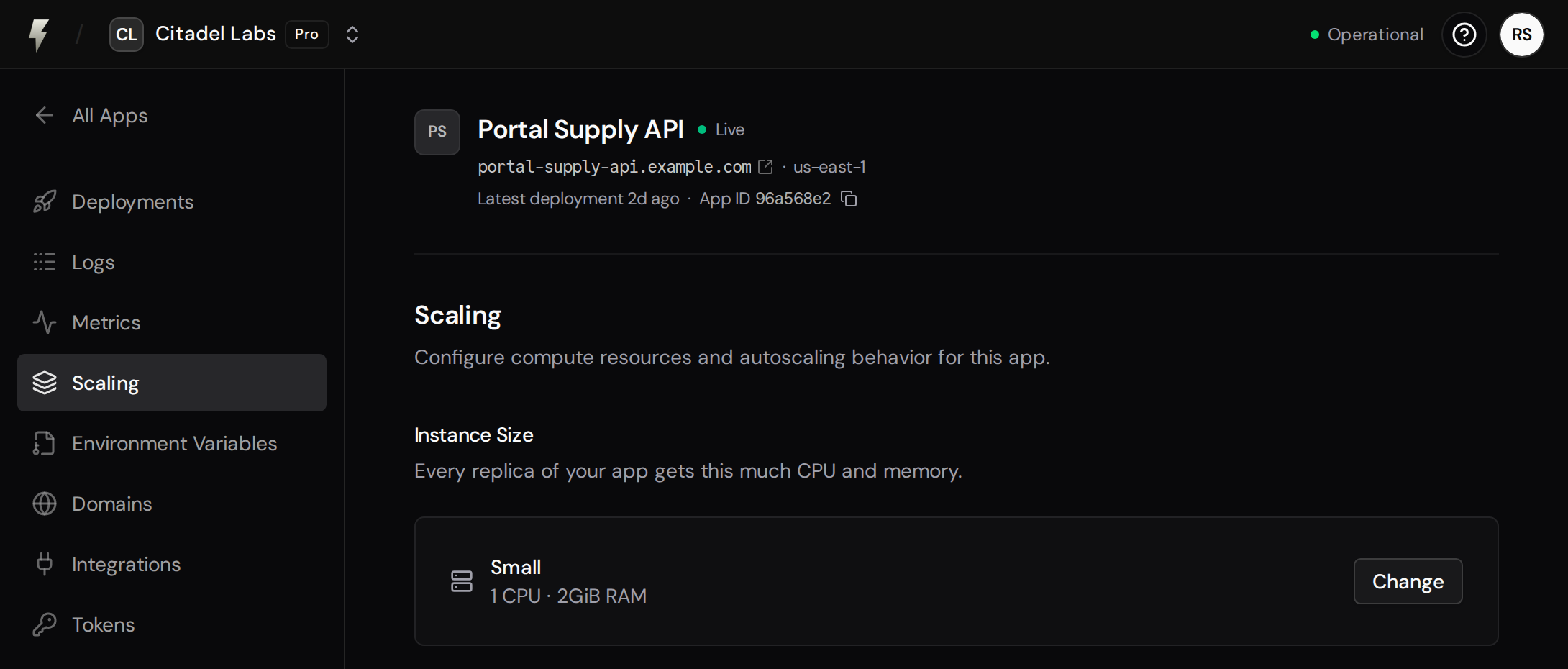 Scaling page showing the current Small instance size with 1 CPU, 2 GiB RAM, and the Change button