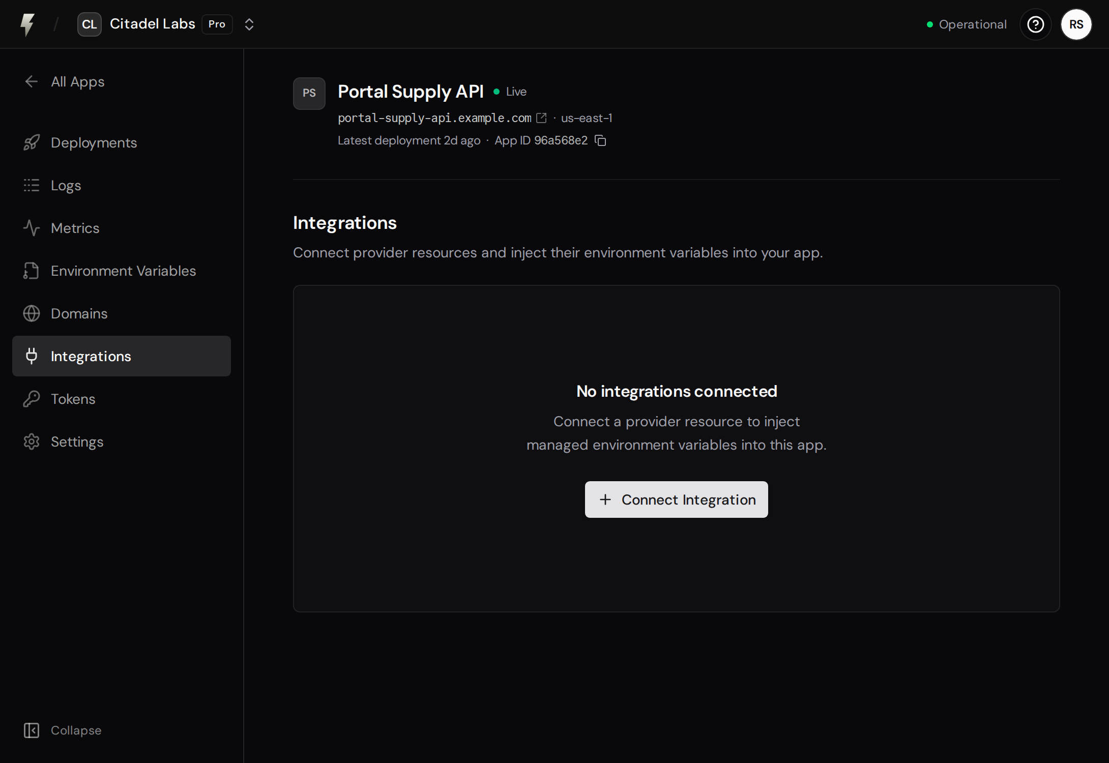 App Integrations page with no connected integrations and the Connect Integration button.