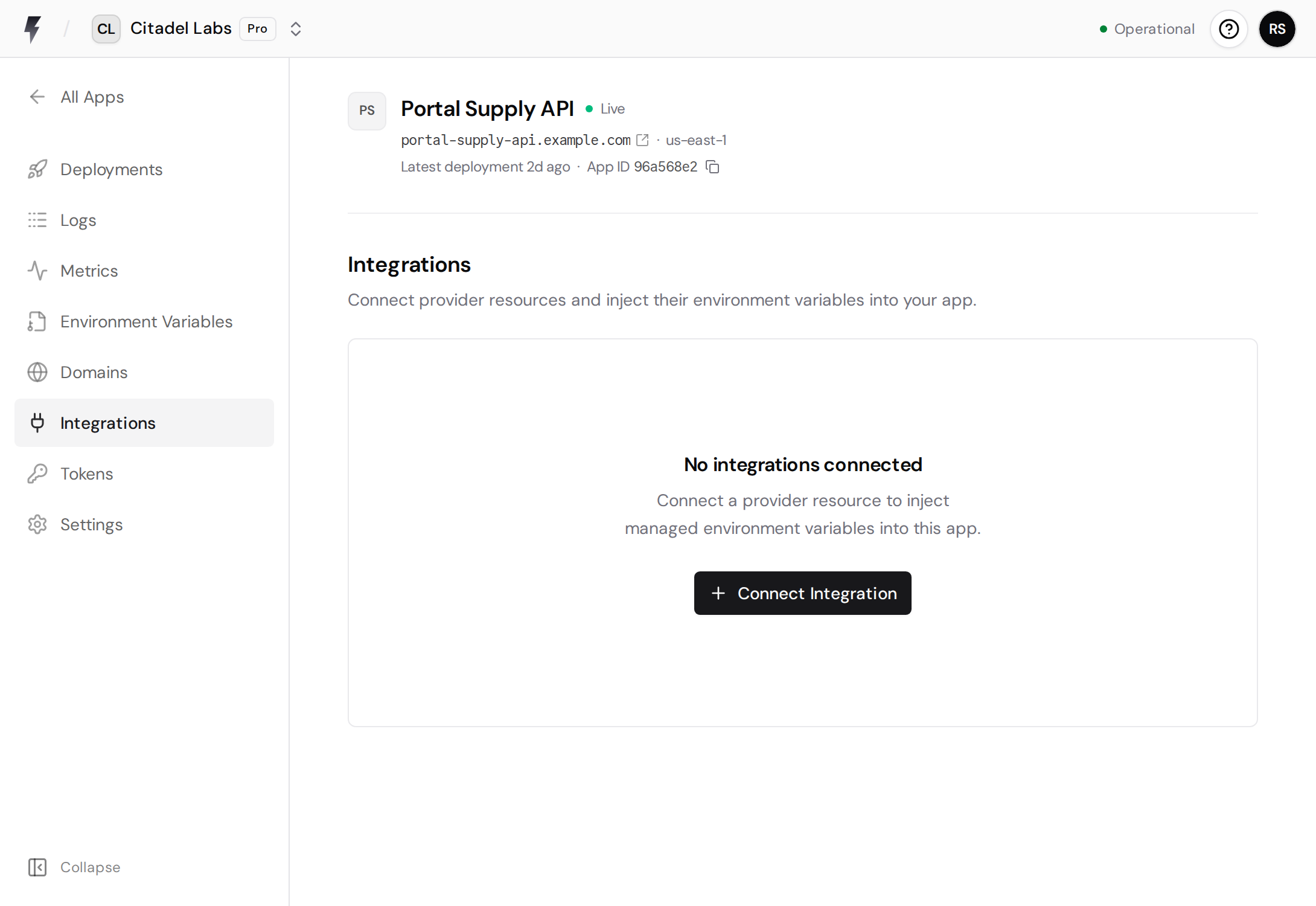 App Integrations page with no connected integrations and the Connect Integration button.