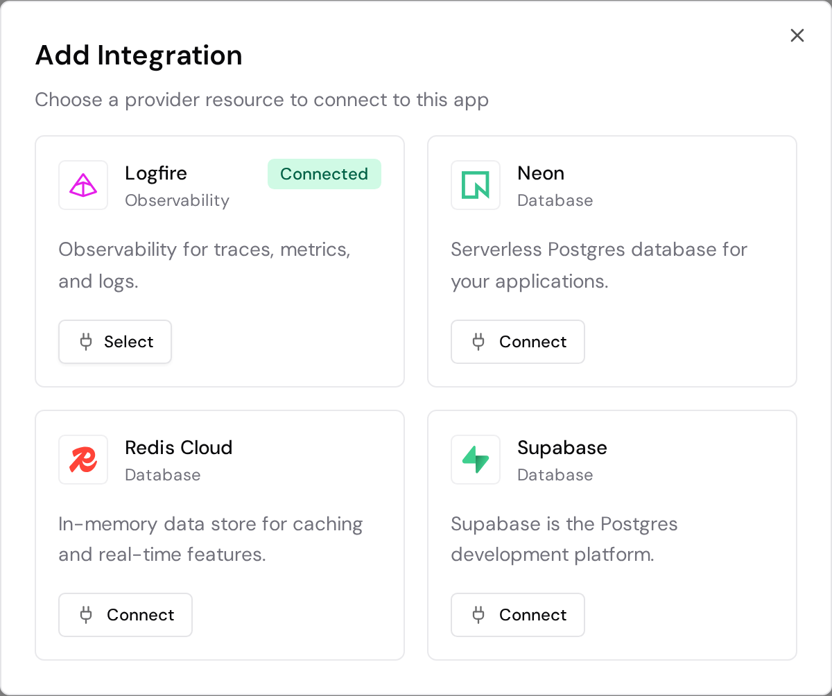 Add Integration dialog with the Logfire account connected and its Select button available.