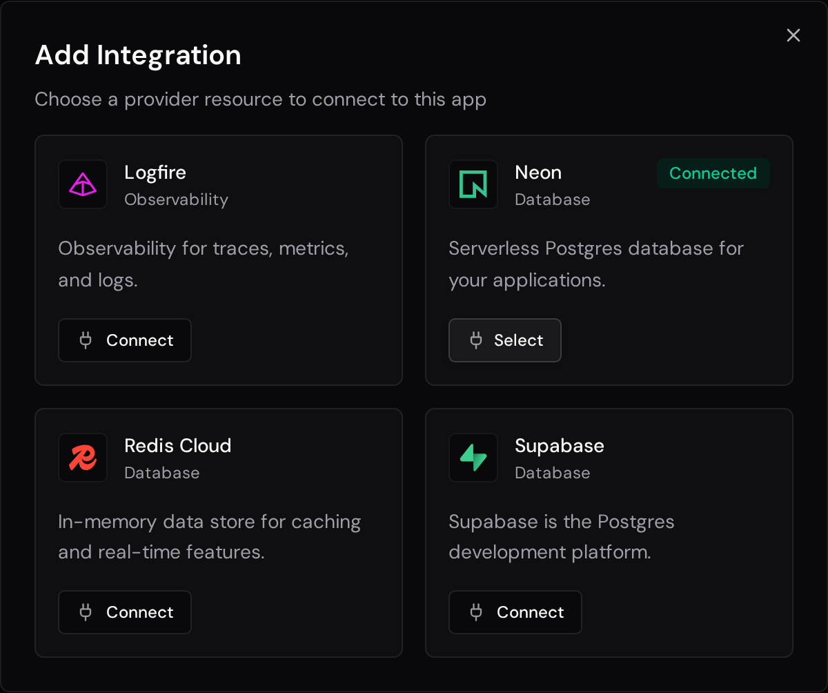 Add Integration dialog with the Neon account connected and its Select button available.