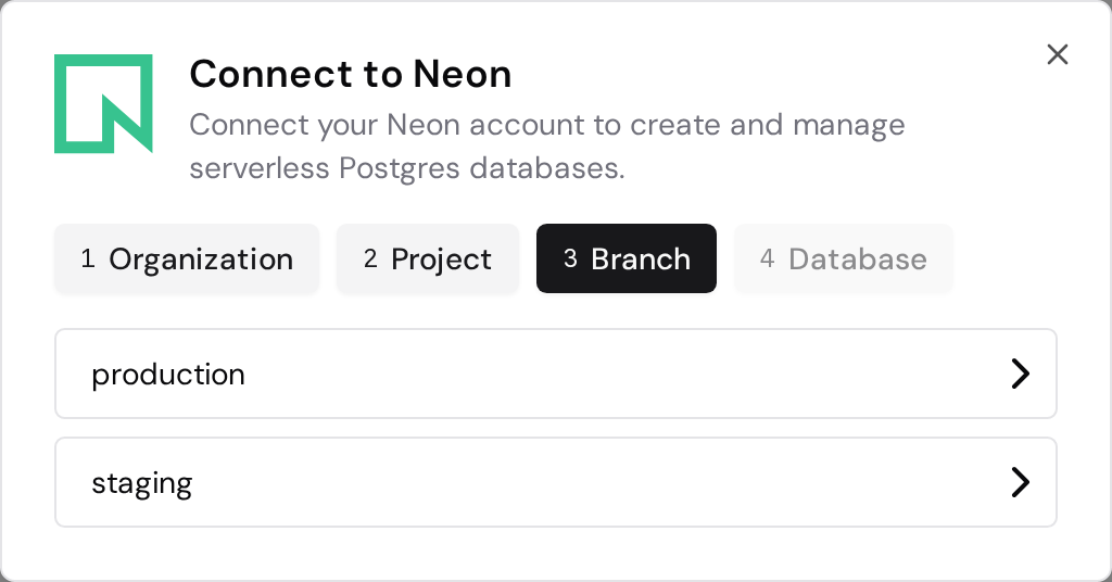 Neon branch selection with production and staging branches.