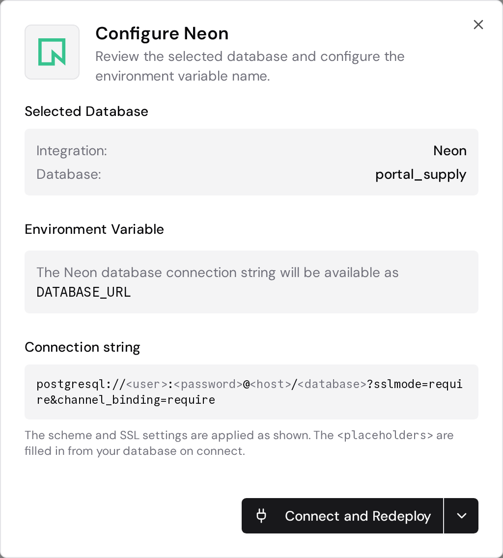 Neon confirmation dialog with the selected database, environment variable, and Connect and Redeploy button.