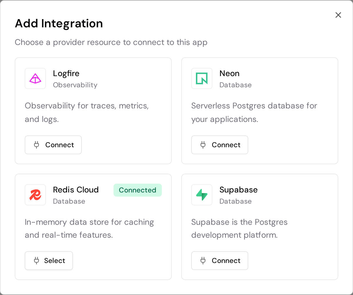 Add Integration dialog with the Redis Cloud account connected and its Select button available.