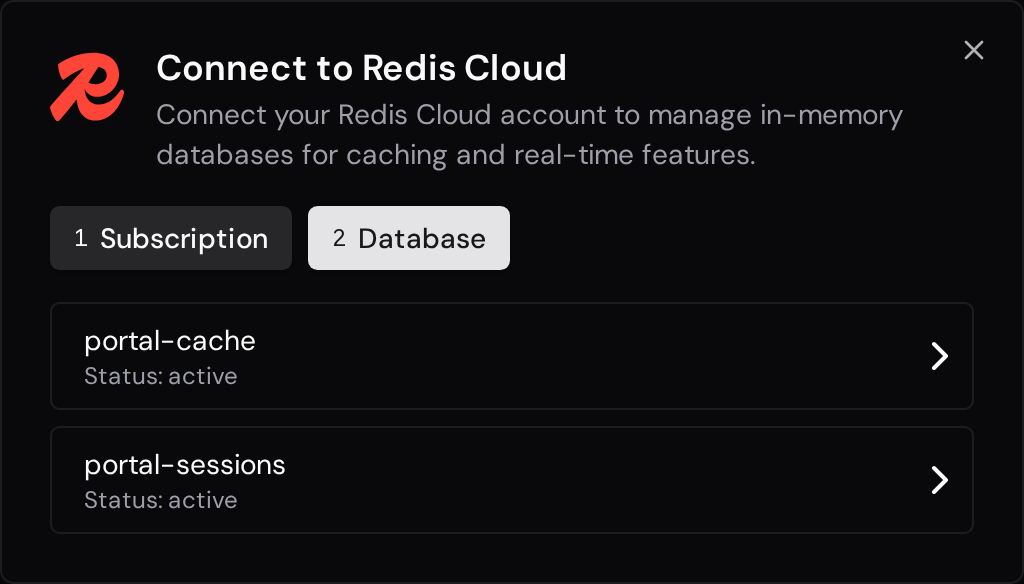 Redis Cloud database selection with two active databases.