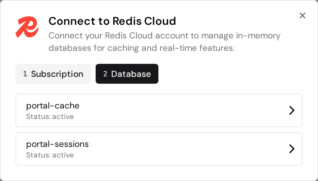 Redis Cloud database selection with two active databases.