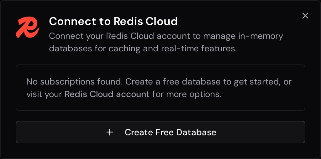 Redis Cloud dialog with no subscriptions found and the Create Free Database button.