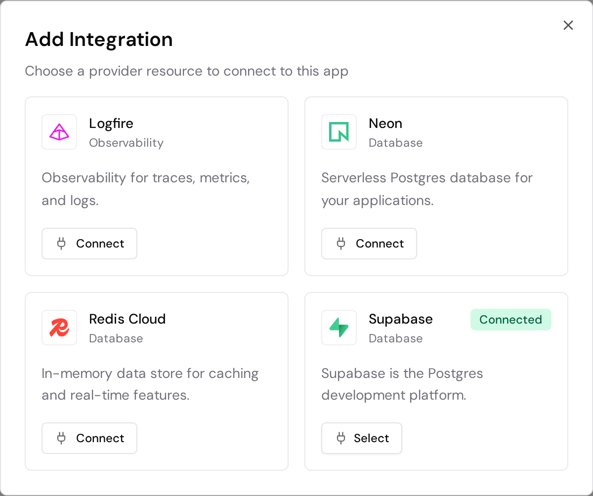 Add Integration dialog with the Supabase account connected and its Select button available.