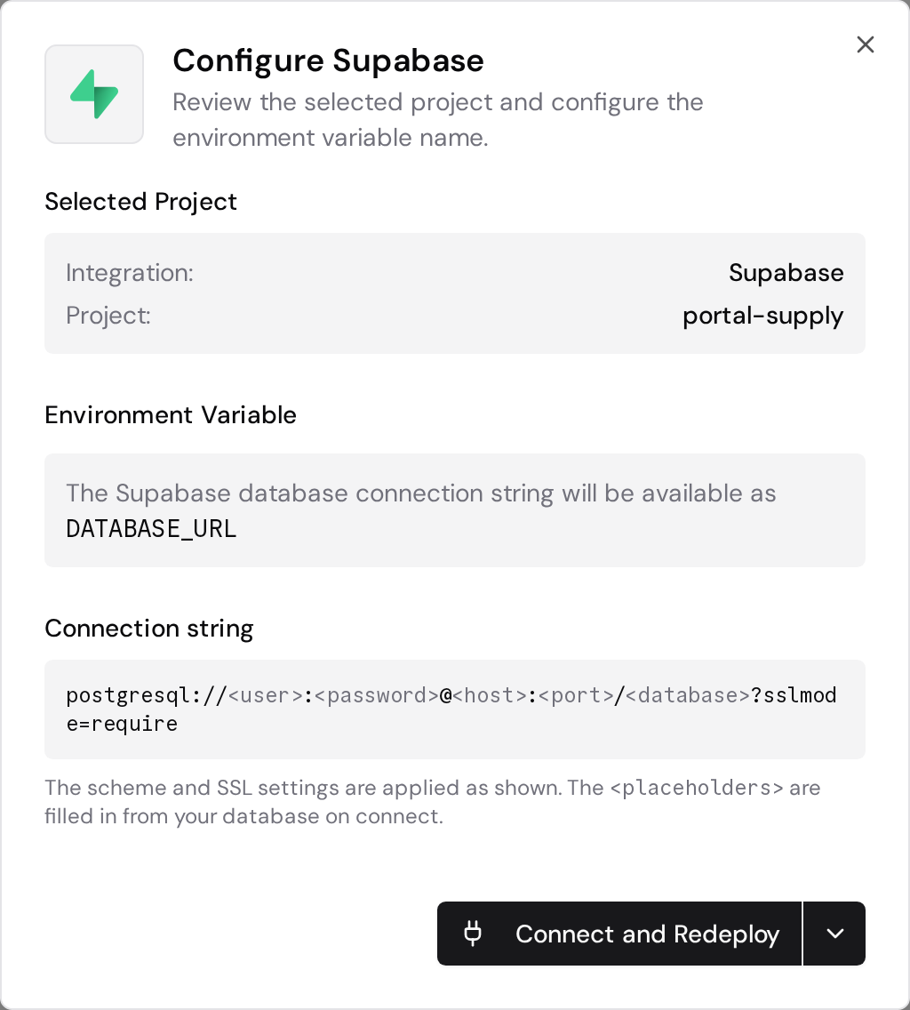 Supabase confirmation dialog with the selected project, environment variable, and Connect and Redeploy button.