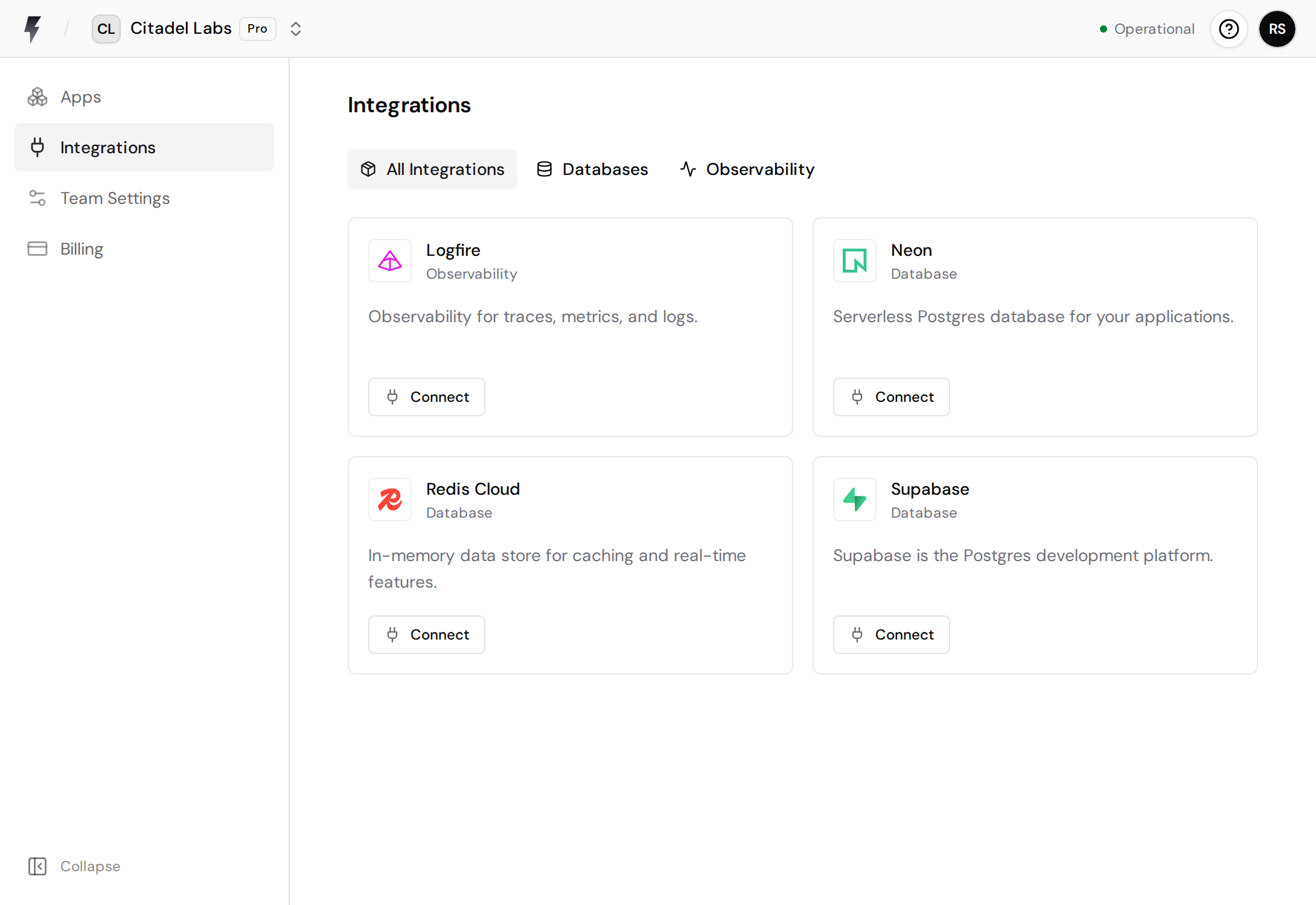 Team Integrations page with Connect buttons for Logfire, Neon, Redis Cloud, and Supabase.