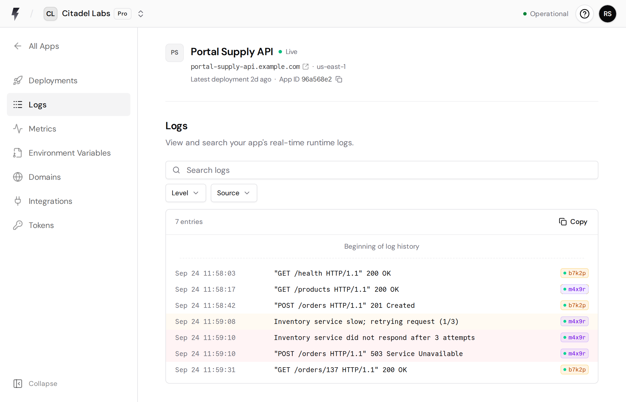 App runtime logs with search, Level and Source filters, highlighted warnings and errors, and replica badges