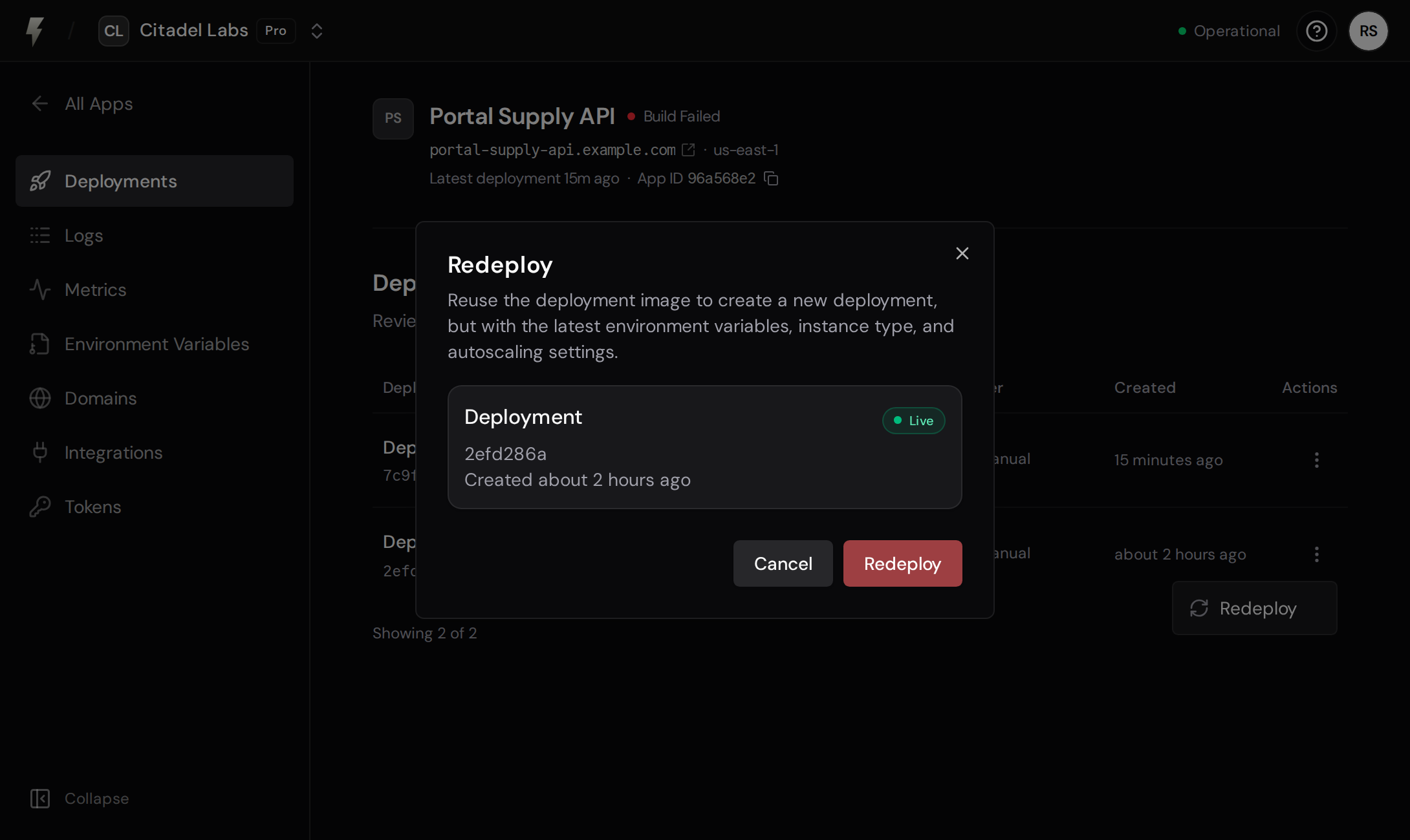 Redeploy confirmation dialog showing the selected deployment and explaining that its image will be reused with the latest app configuration