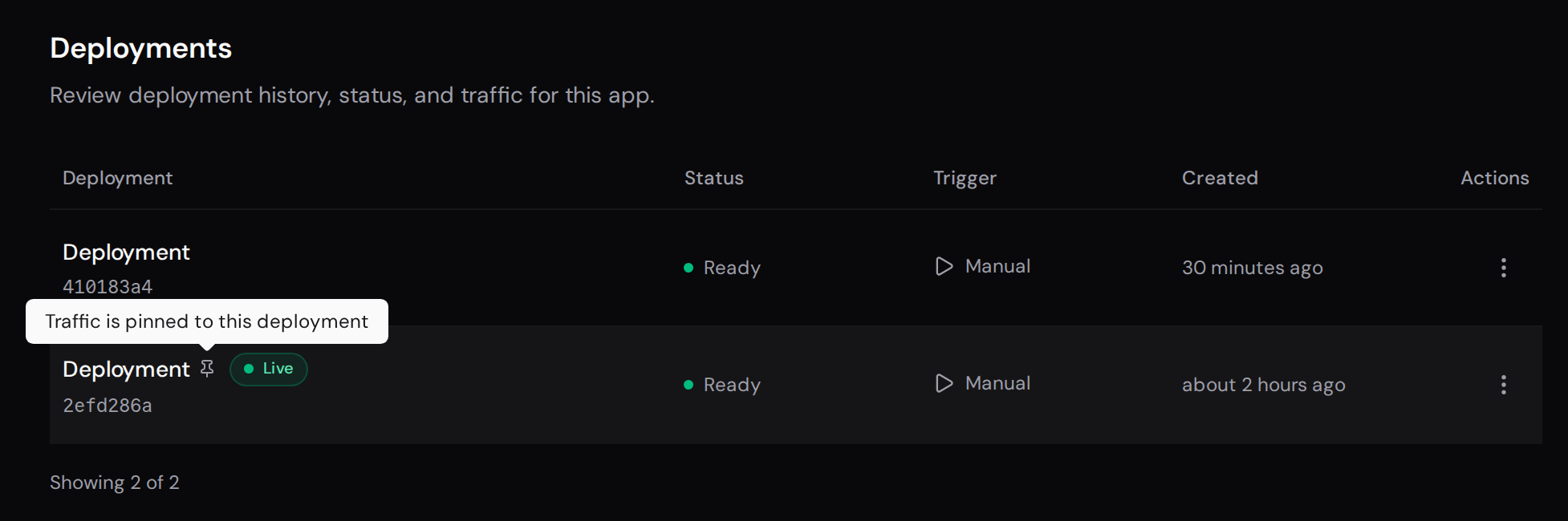 Deployment history with traffic pinned to an older live deployment, showing the pin icon and its tooltip