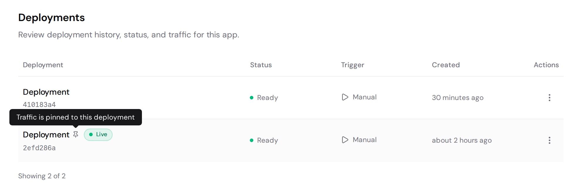 Deployment history with traffic pinned to an older live deployment, showing the pin icon and its tooltip