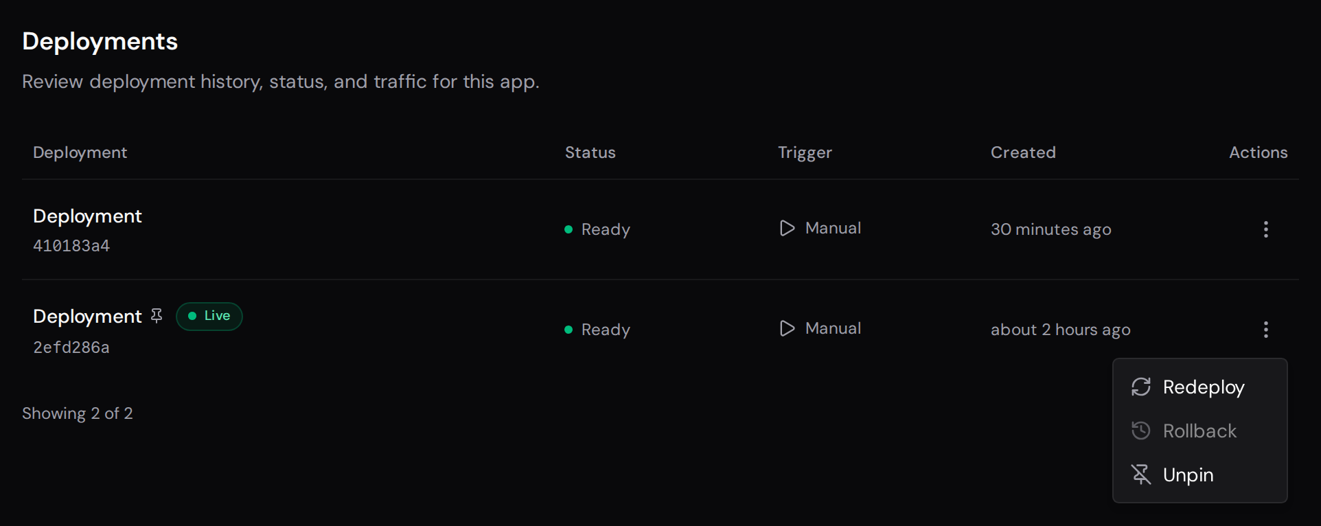 Pinned live deployment with the Actions menu open and Unpin available