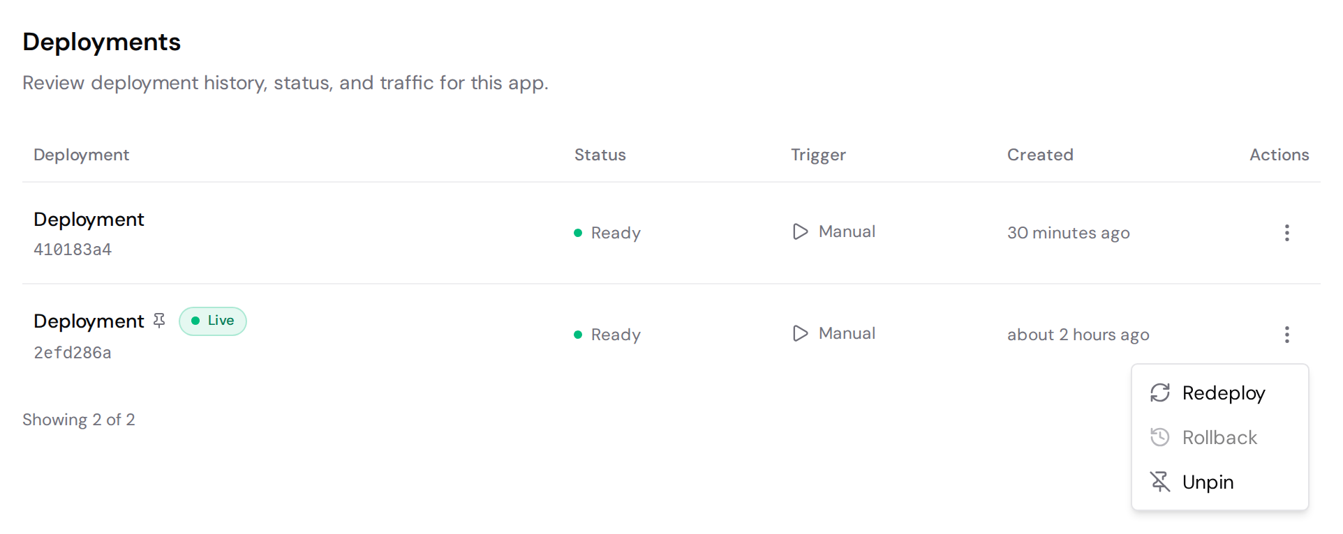 Pinned live deployment with the Actions menu open and Unpin available