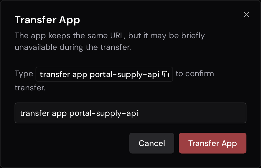 Transfer App confirmation dialog with the required confirmation text entered.