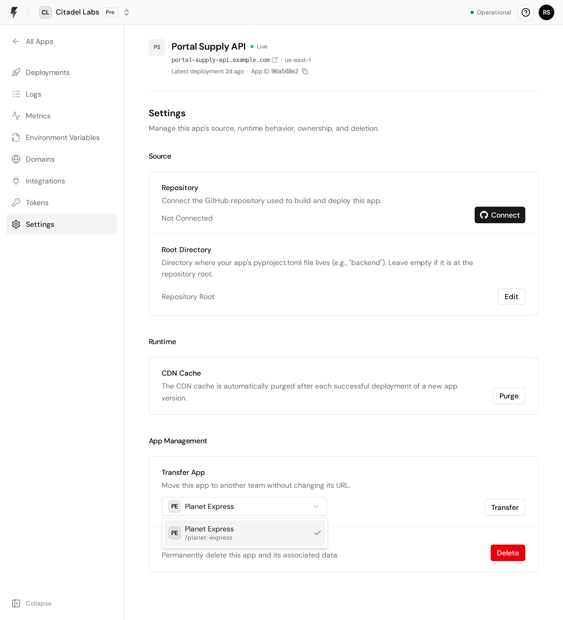 Transfer App section with a destination team selected and the Transfer button.